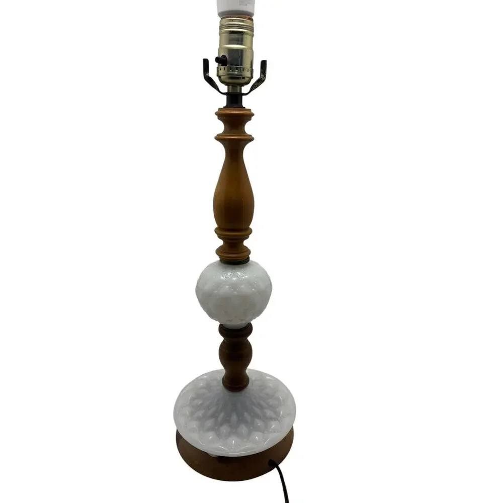 Vintage Hobnail Milk Glass & Wood Table Lamp 18